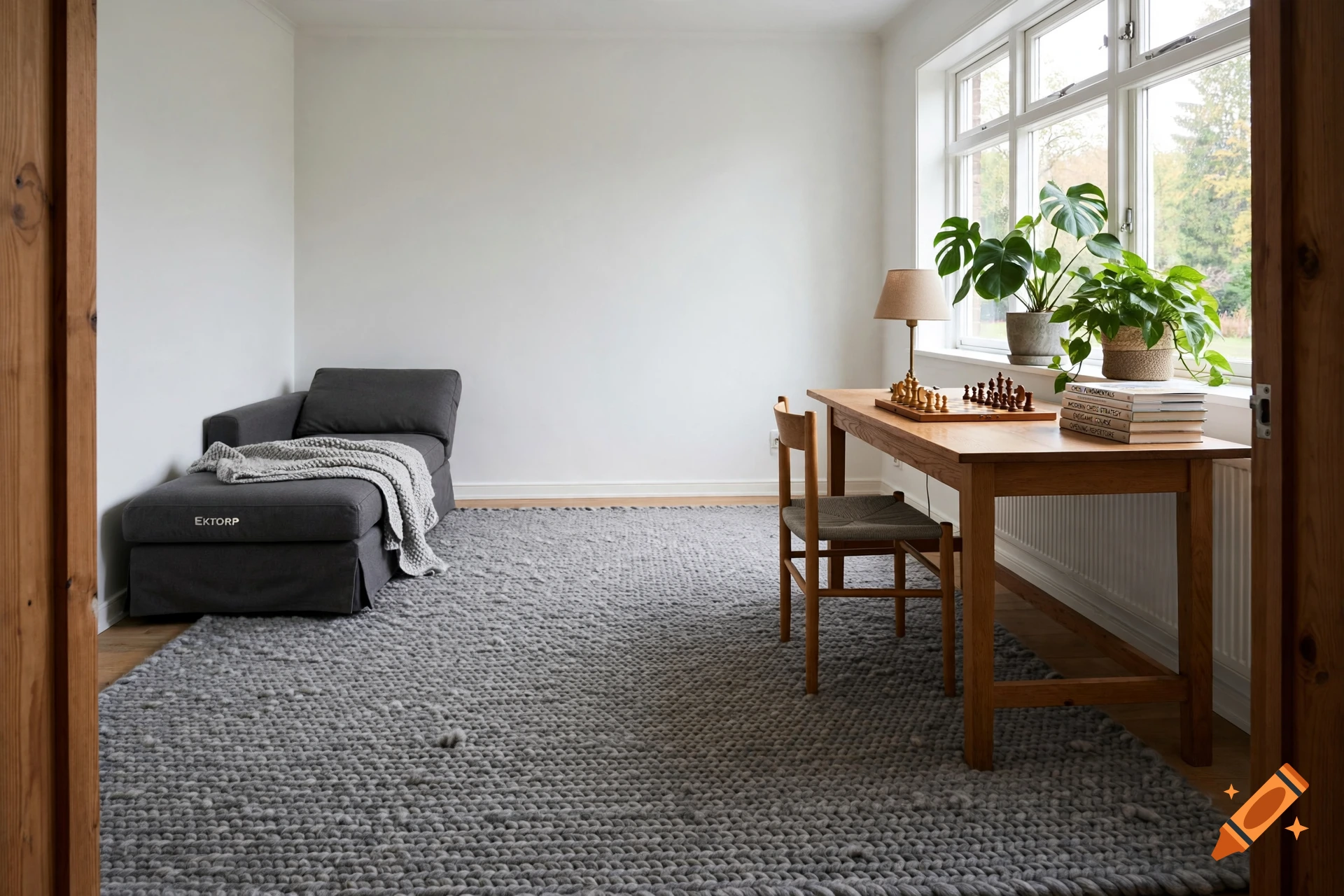 Photorealistic interior view of a bright room with a gray sofa, a large gray rug, and a wooden desk with plants and chess set near a window.