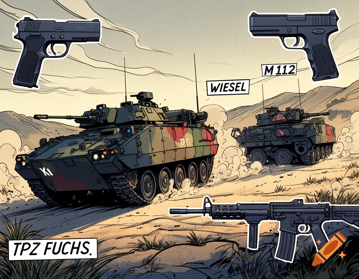 Comic style illustration of military vehicles like a TpPz Fuchs and Wiesel in a desert landscape, alongside handguns.