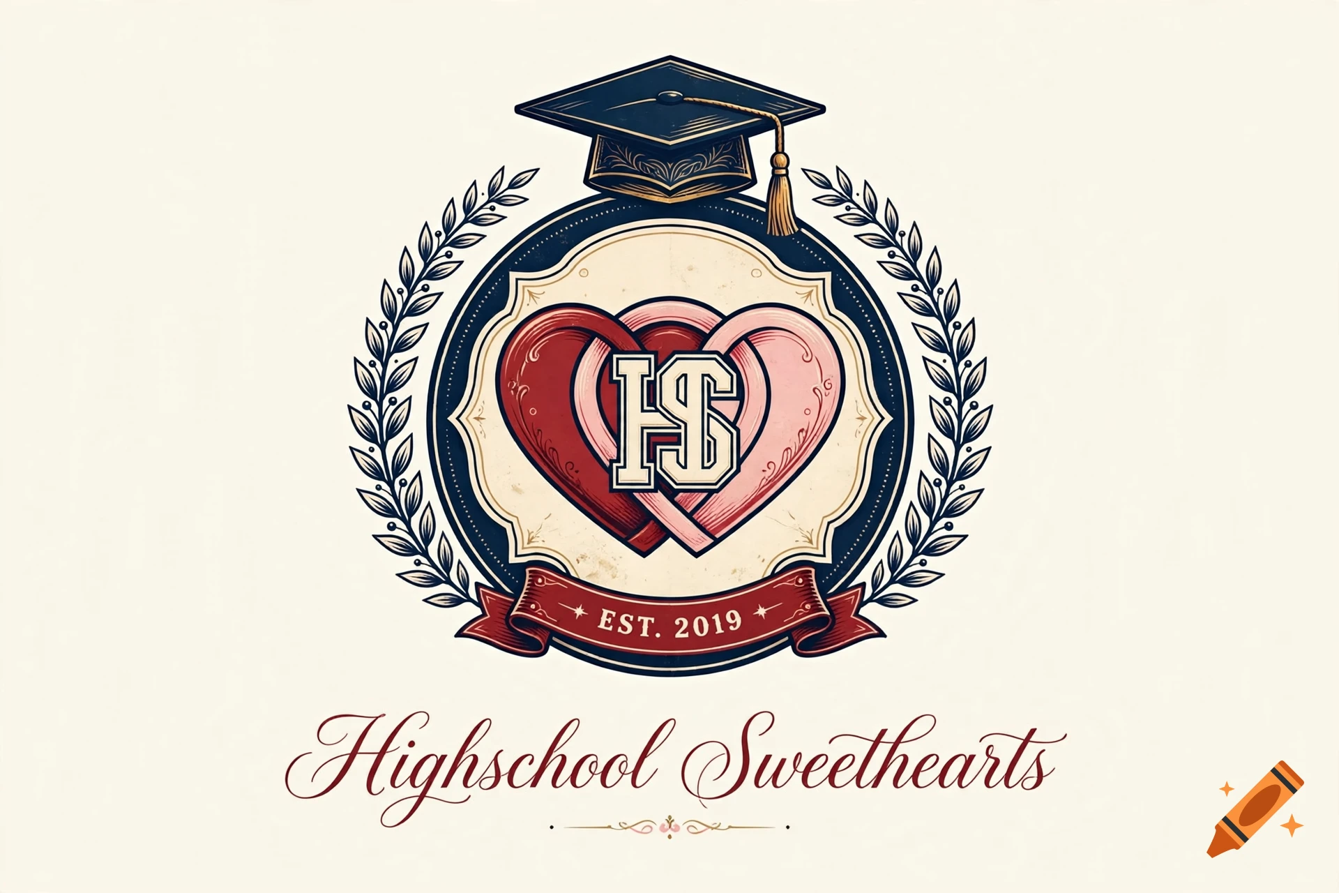 Vintage emblem logo for Highschool Sweethearts featuring interlocking hearts, graduation cap, and laurel wreath.