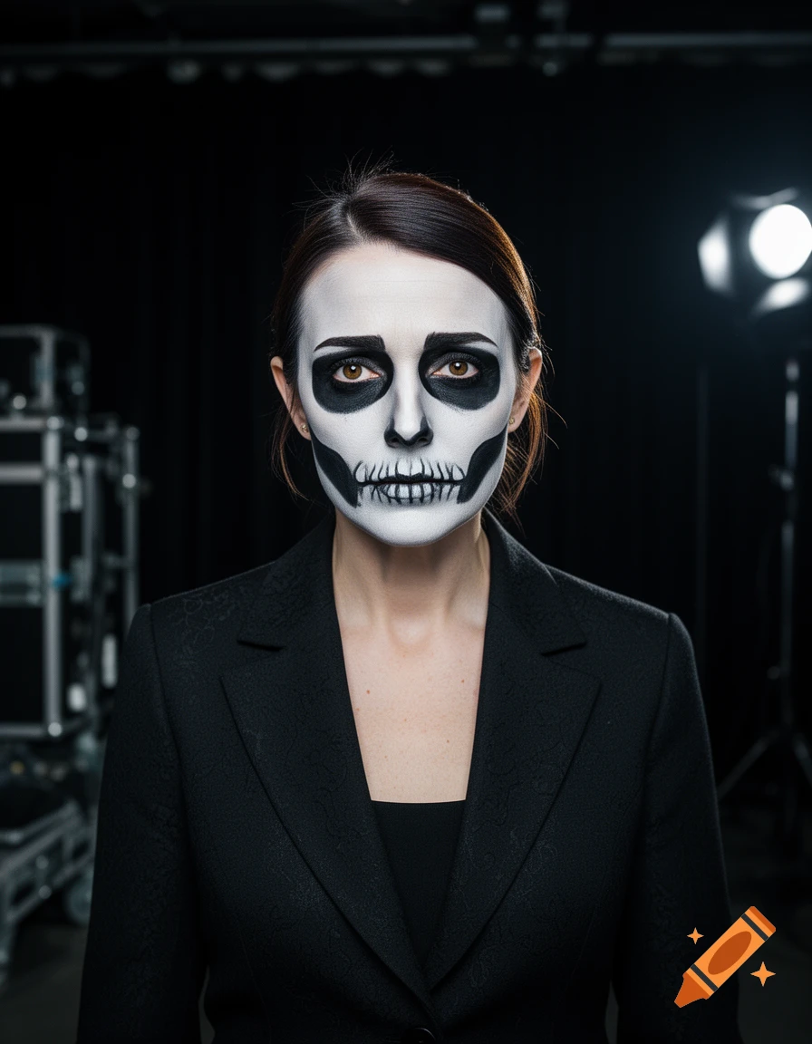 Photorealistic portrait of a woman in a black suit with skeleton face paint in a studio setting.