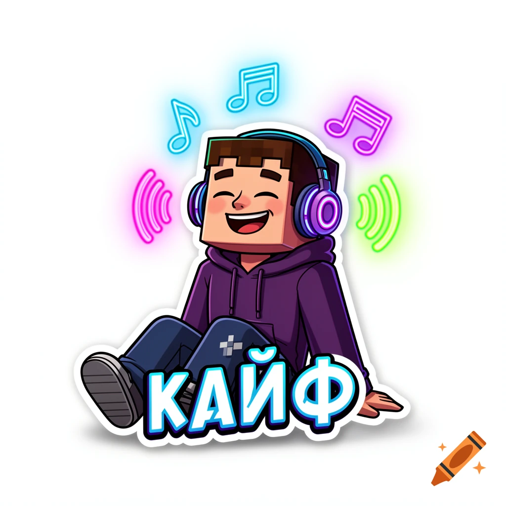 Digital sticker of a happy Minecraft character wearing wireless headphones and a purple hoodie, with neon music notes floating around.