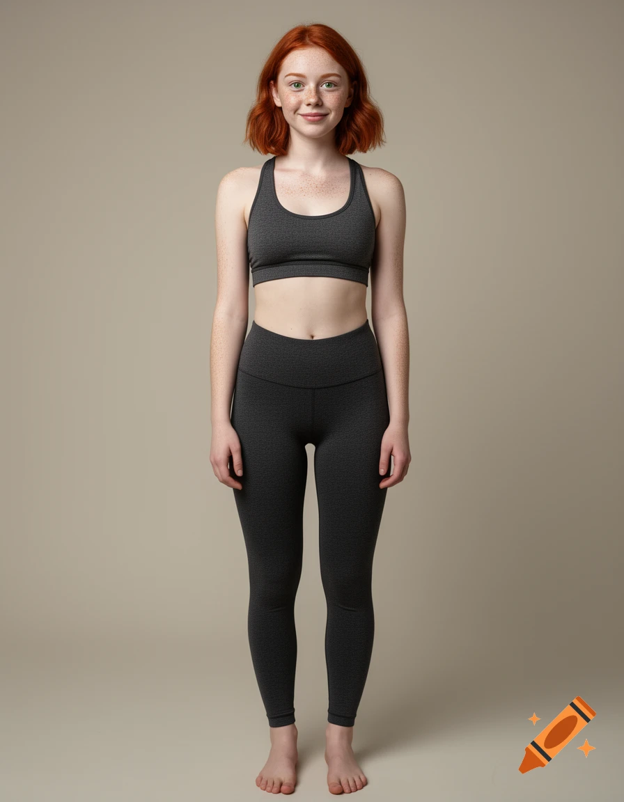 Full-body studio photograph of a young woman with red hair, freckles, and green eyes, wearing a dark grey sports bra and leggings.