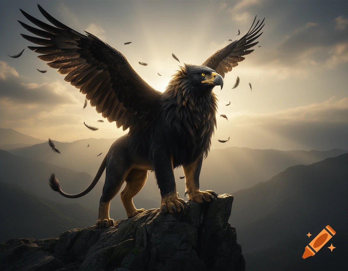 A majestic black and gold griffin with spread wings perched on a rocky cliff overlooking mountains at sunset.