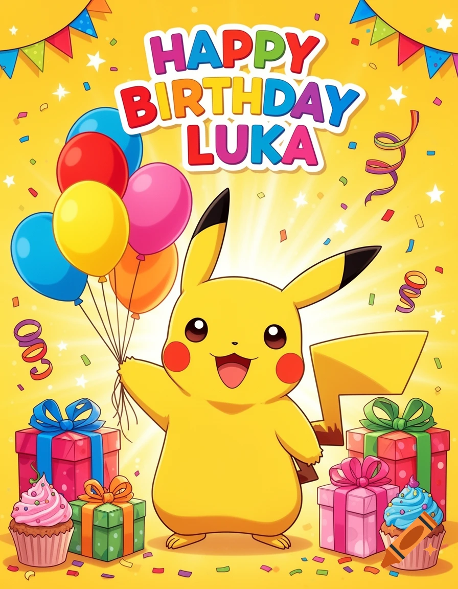 Colorful digital illustration of Pikachu holding balloons and surrounded by gifts and cupcakes, with the text 'HAPPY BIRTHDAY LUKA'.