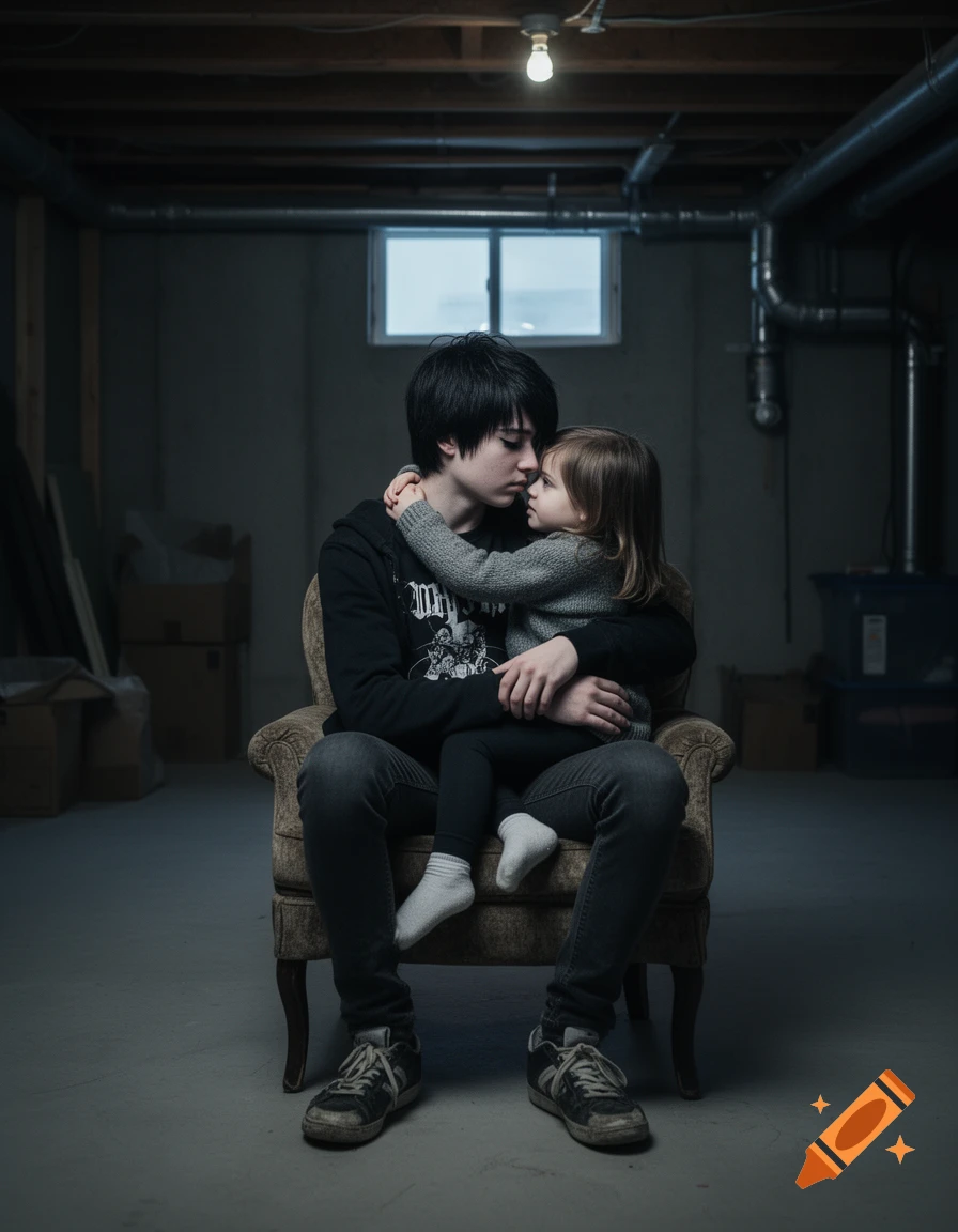 An emo boy sitting in an unfinished basement on an armchair, hugging a little girl sitting on his lap.