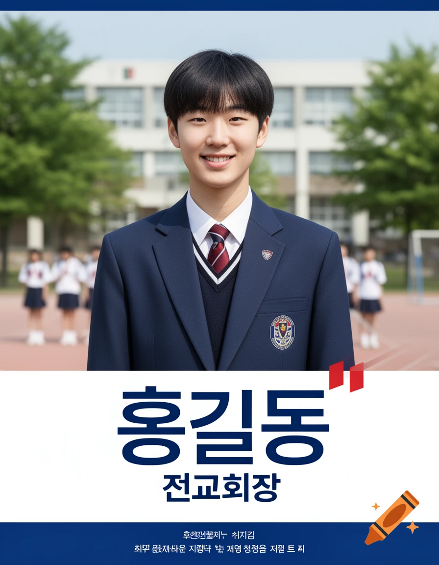 A student council president election poster featuring a smiling male student in a school uniform with Korean text.