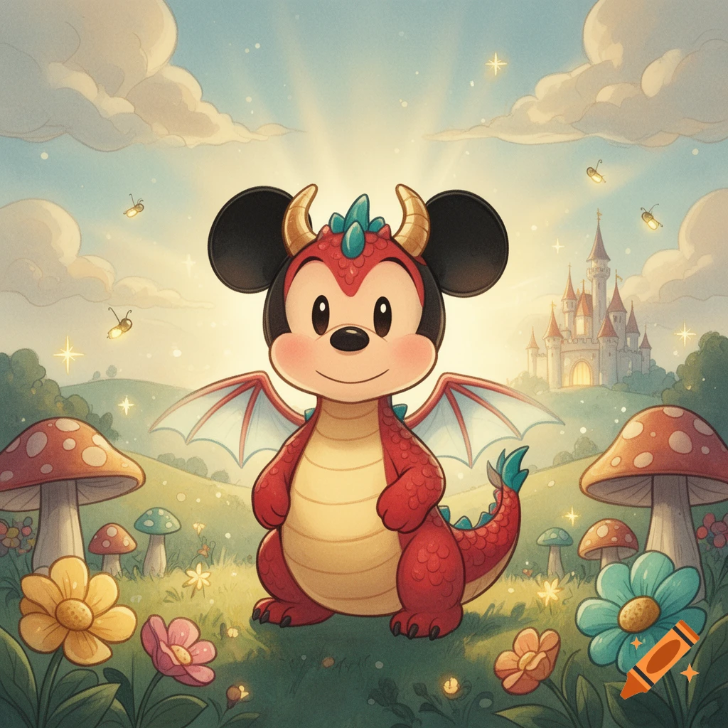 Cute Mickey Mouse dragon hybrid with horns and wings standing in a fantasy meadow with mushrooms and flowers, children's book illustration style.