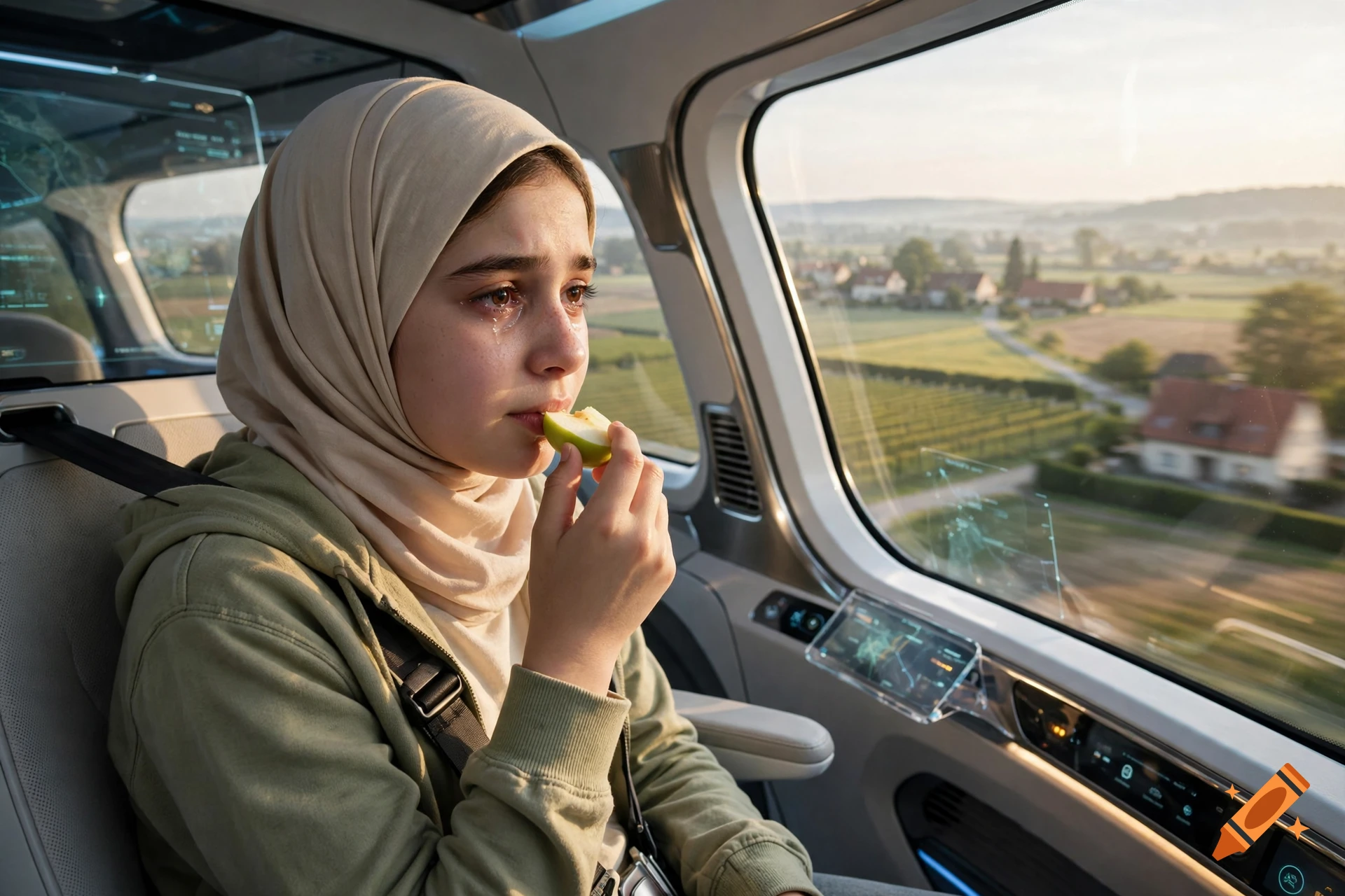 Photorealistic image of a young girl in a headscarf eating an apple inside a futuristic hovering vehicle.