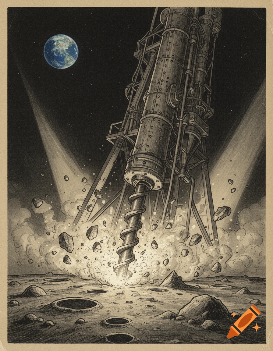 Vintage style black and white illustration of a massive drill mining the moon's surface, with Earth visible in the starry sky.
