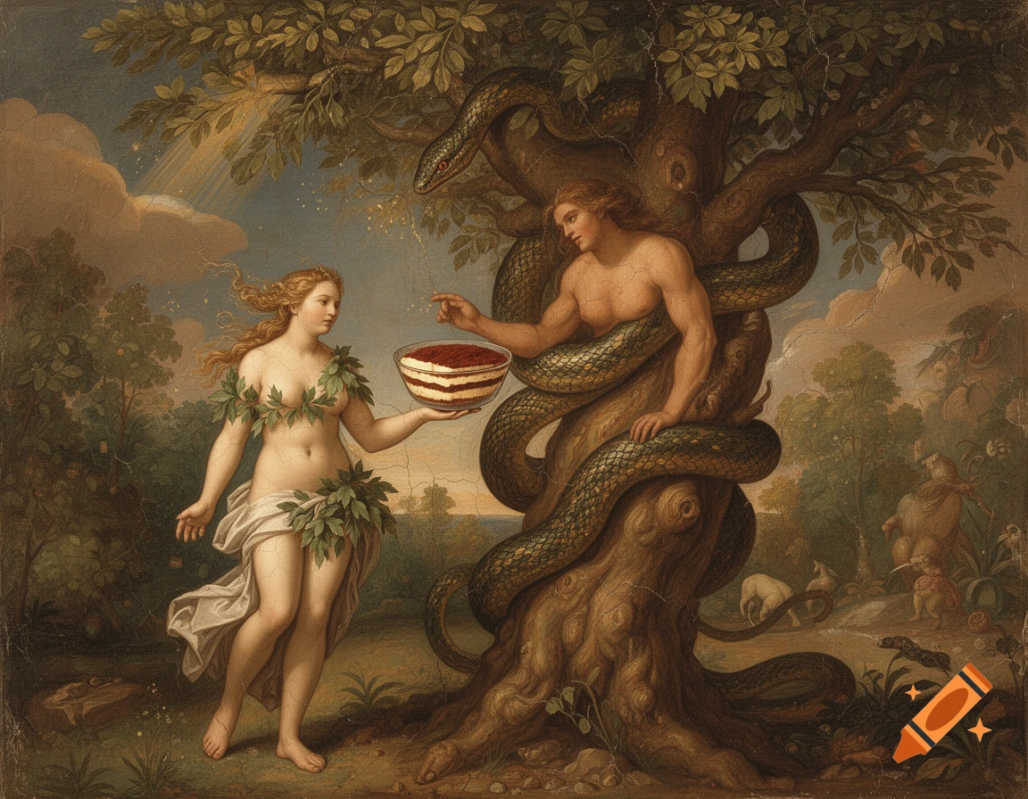 Classical oil painting depicting Eve and a human-bodied snake in the Garden of Eden, holding a bowl of tiramisu.