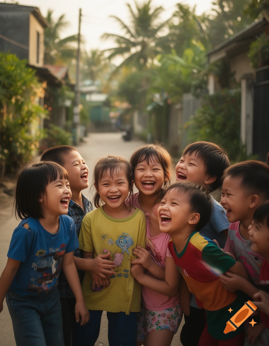 Photorealistic image of a group of laughing Vietnamese children playing in a street.