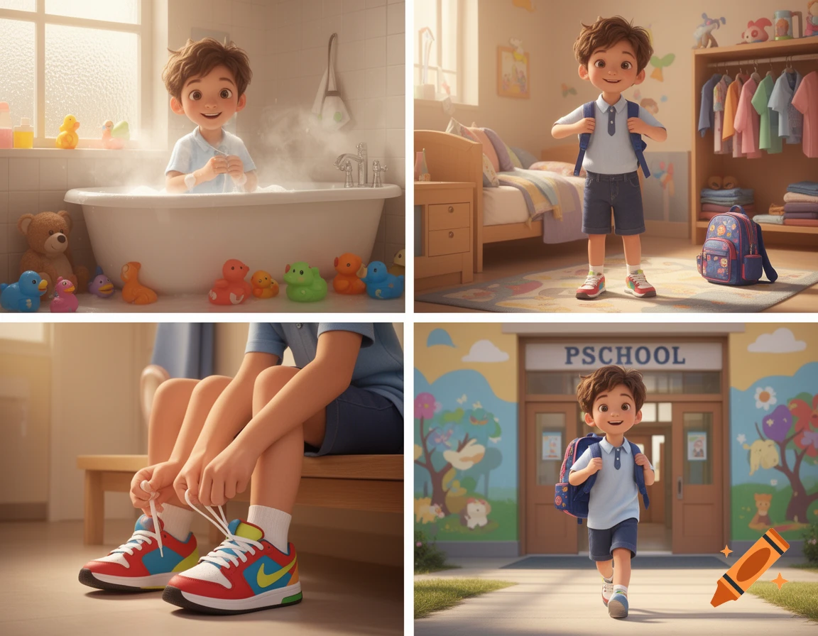 Four-panel 3D cartoon collage showing a young boy taking a bath, getting dressed, tying his shoes, and walking to preschool.