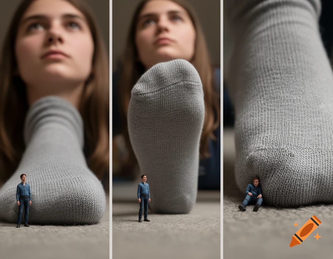 Photorealistic composite showing a tiny man interacting with a giant teenage girl's foot wearing a grey sock.