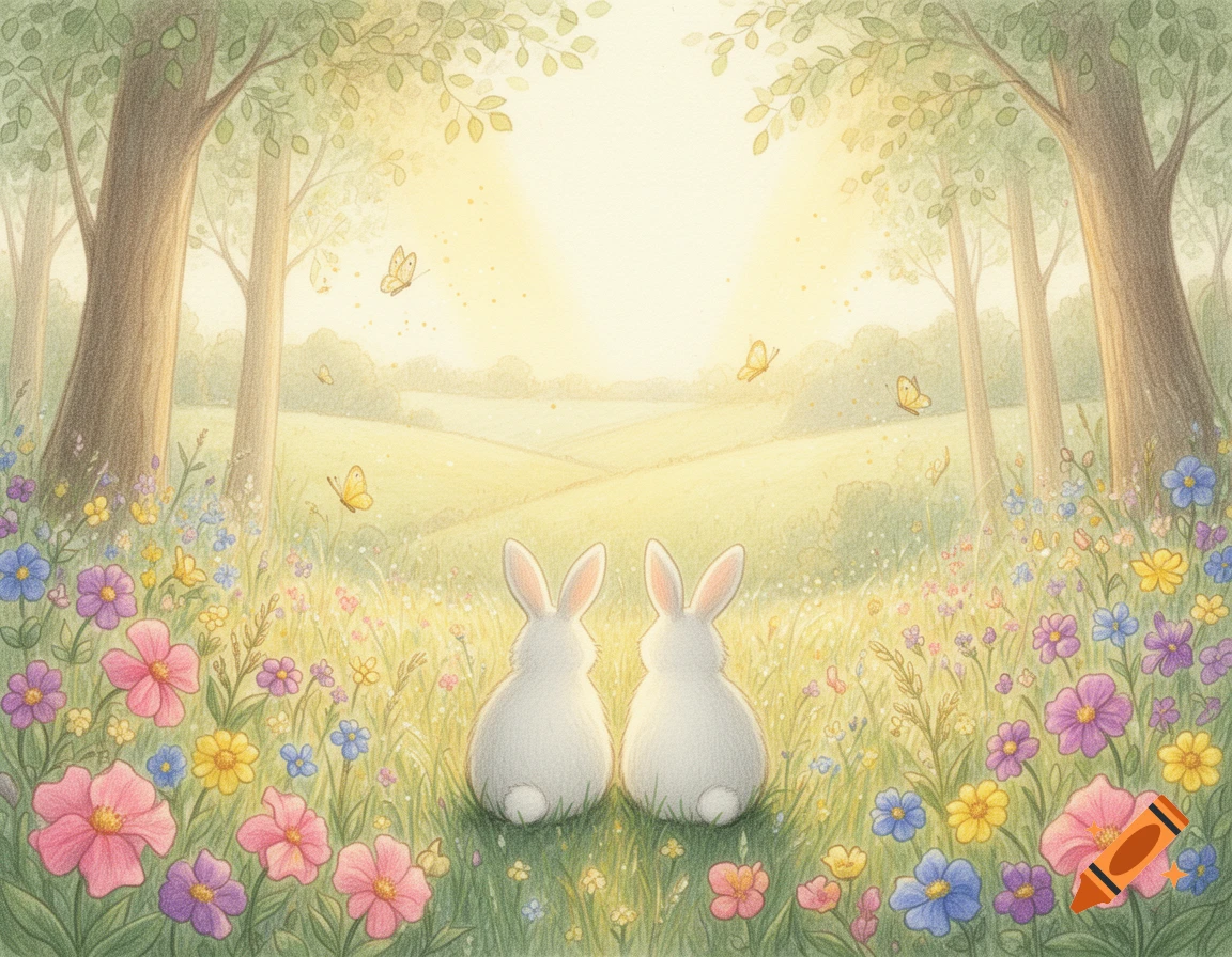 Storybook illustration of two white rabbits sitting in a vibrant field of wildflowers surrounded by woodland trees.