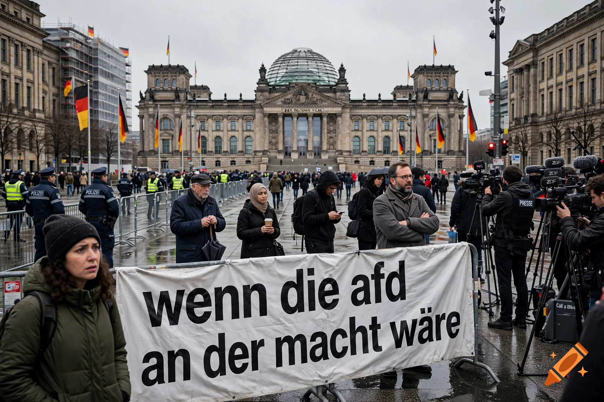 Photorealistic image of a protest in front of the Reichstag building in Berlin with a banner reading 'wenn die afd an der macht wäre'.