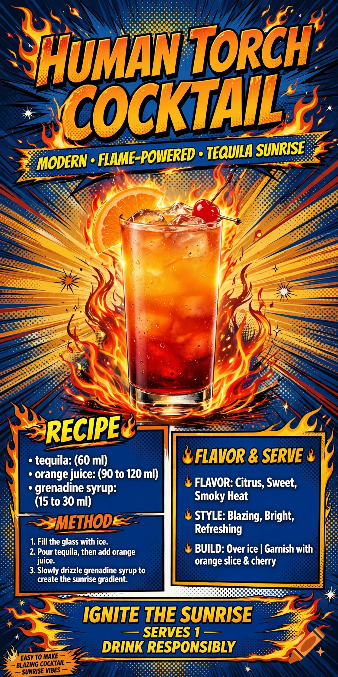 Comic book style poster for a Human Torch Cocktail featuring a layered drink on fire, recipe, and flavor details.