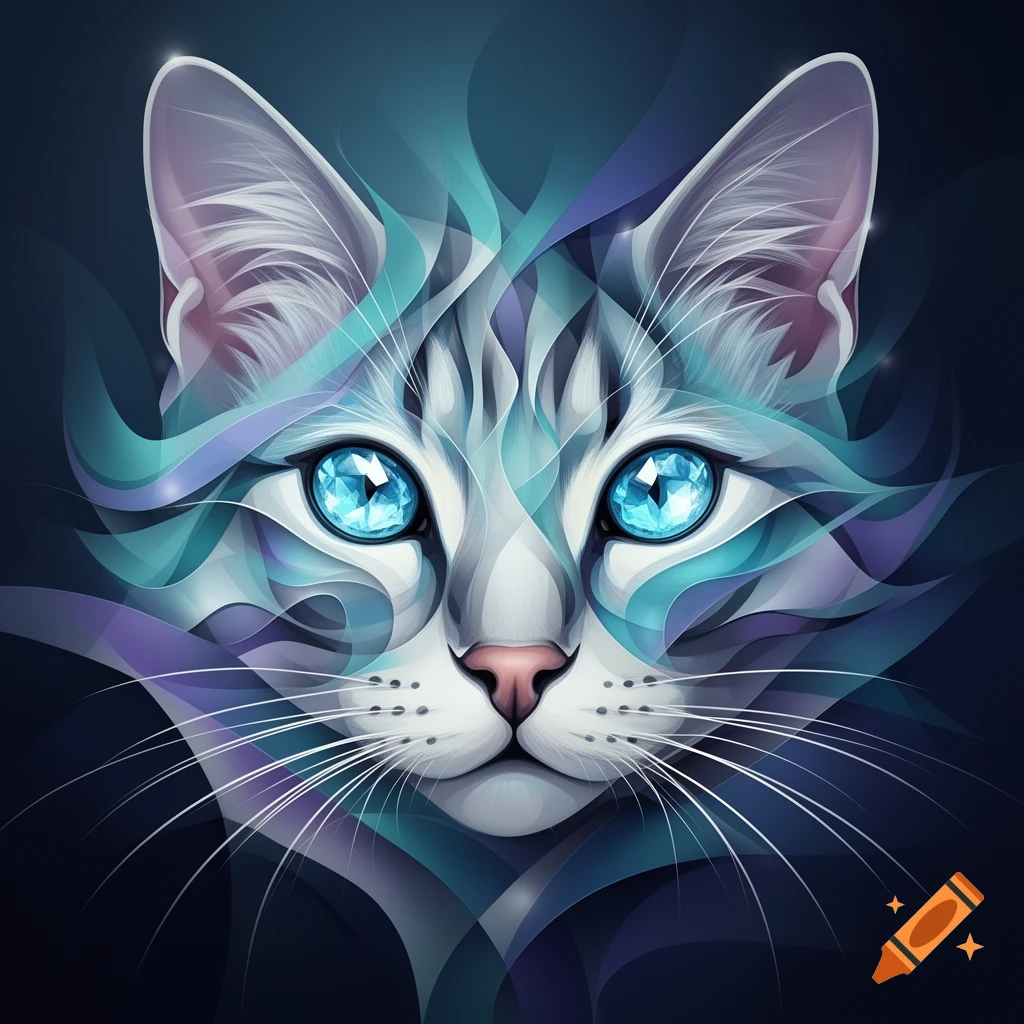 An abstract, stylized cat face with vibrant blue crystal eyes and flowing teal and purple wave patterns.