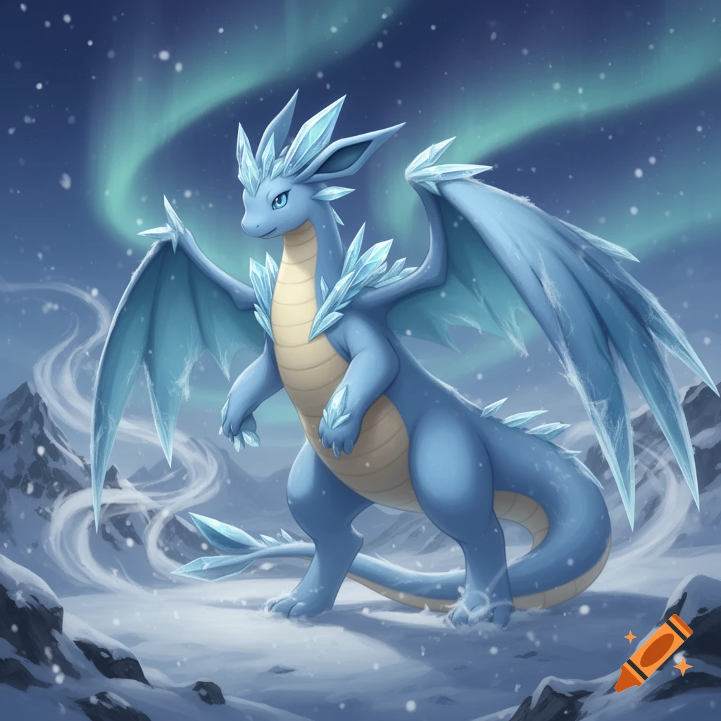 Digital illustration of a blue ice dragon hybrid between Dragonite and Glaceon standing in a snowy mountain landscape under an aurora.