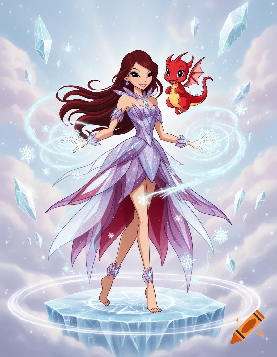 An anime-style fairy girl with long dark red hair and a purple dress standing on an ice platform with a small red dragon.