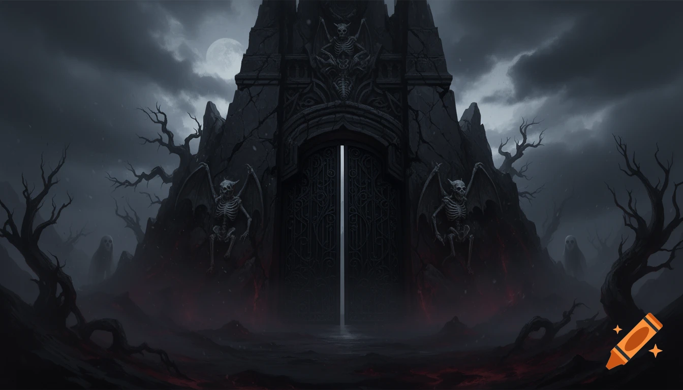 Spooky dark fantasy stone gates with skeletal winged statues under a cloudy moonlit sky.