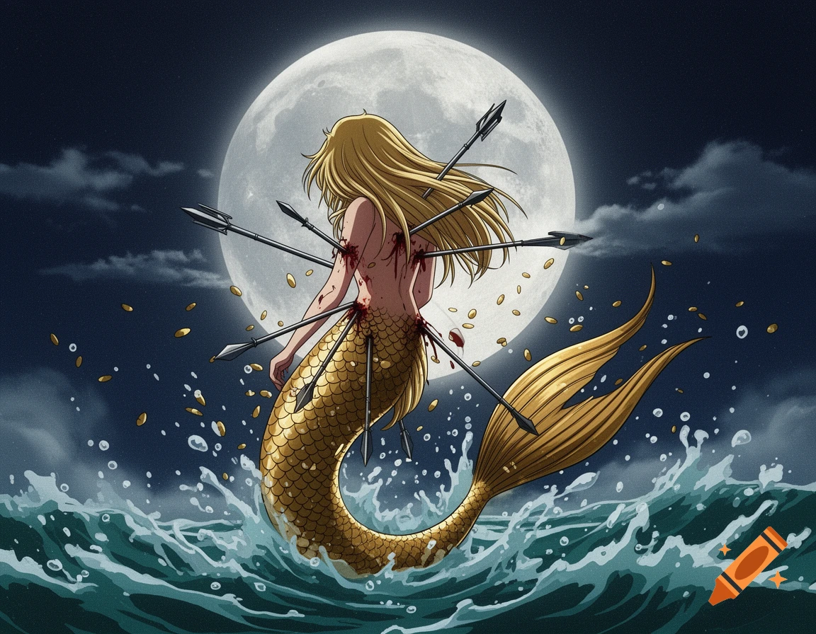 Retro anime style illustration of a blonde mermaid with a golden tail, leaping from the ocean while pierced by multiple harpoons, against a full moon night sky.