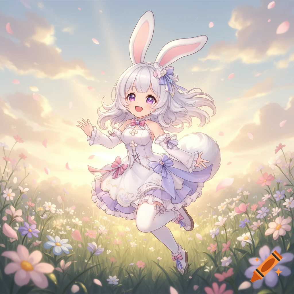 An anime-style cute bunny girl with white hair and purple eyes joyfully running through a flower meadow under a sunny sky.