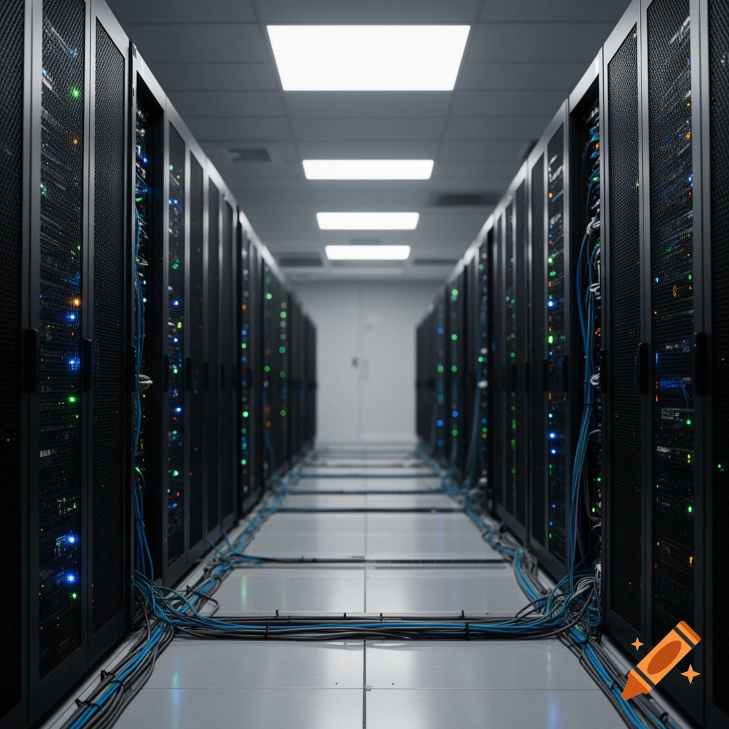 Photorealistic view down a narrow aisle of black server racks in a modern data center with blue and green status lights.