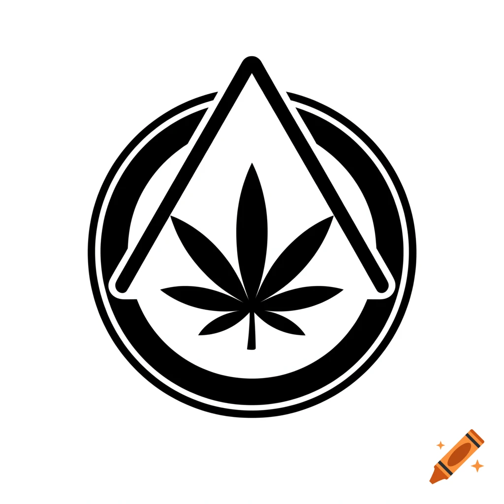 Black and white vector style logo featuring a cannabis leaf inside a triangle and circle.