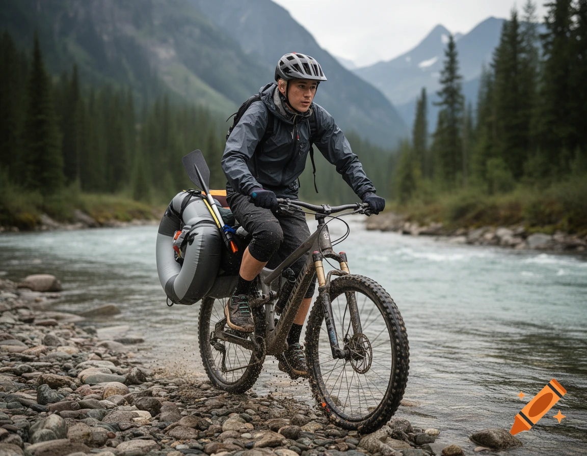 Photorealistic image of a person bikerafting across a river in a mountainous landscape.