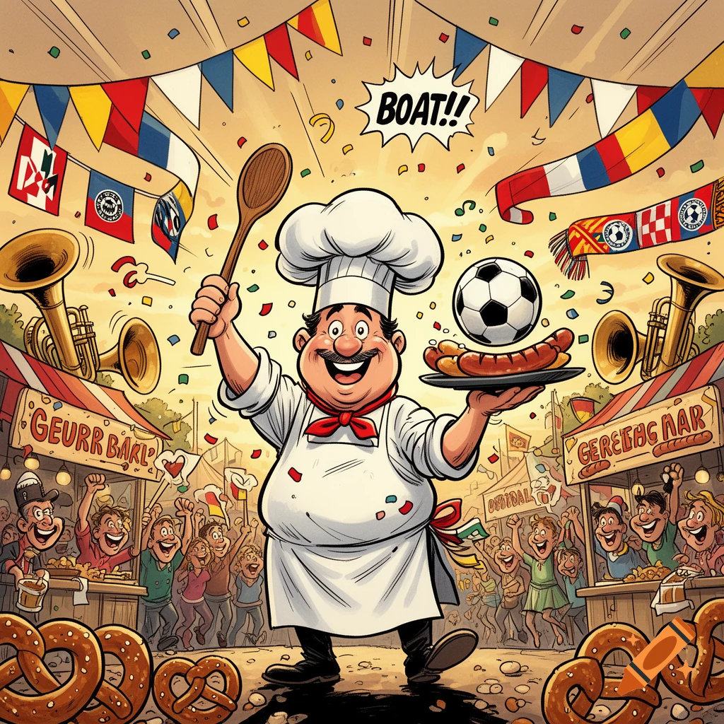Comic illustration of a cheerful chef holding a wooden spoon and a plate with a soccer ball and sausages at a festive fair.