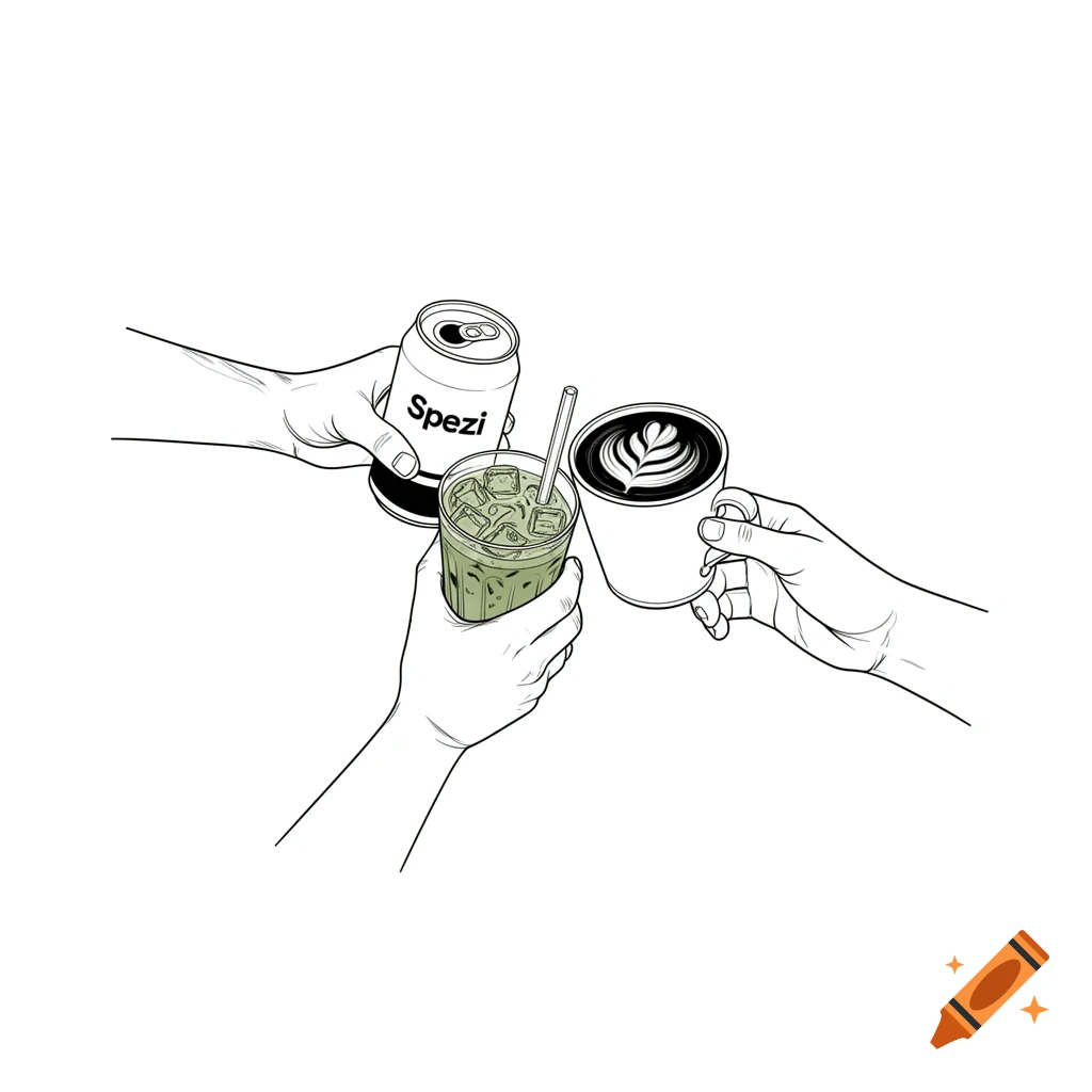 Black and white line art of three hands toasting with a Spezi can, an iced matcha, and a cappuccino with latte art.