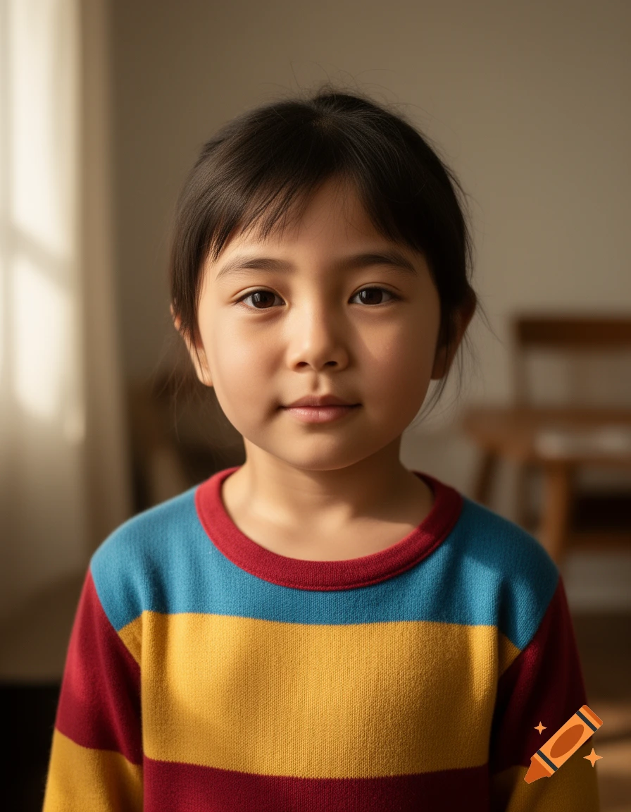 Close-up photorealistic portrait of a young child with dark hair and a colorful striped sweater.