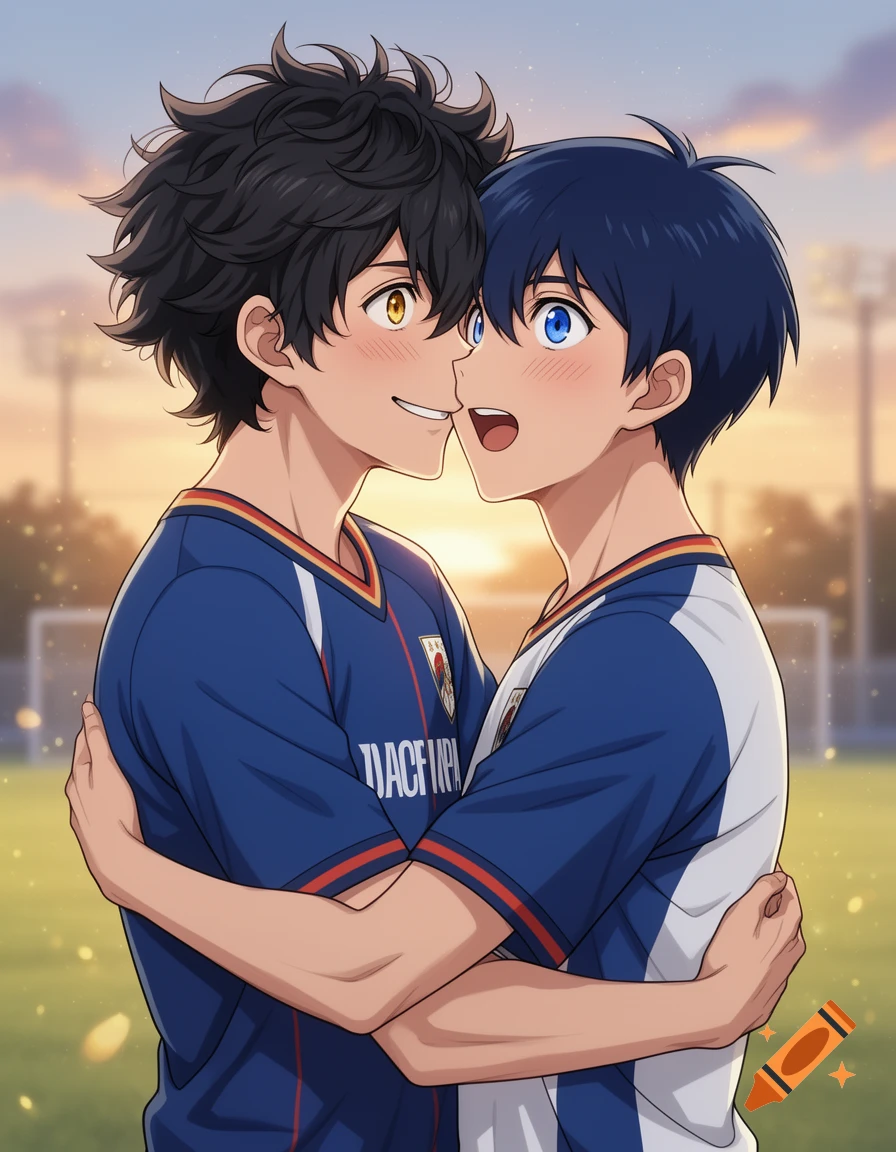 Anime style illustration of two male soccer players hugging closely on a field at sunset.