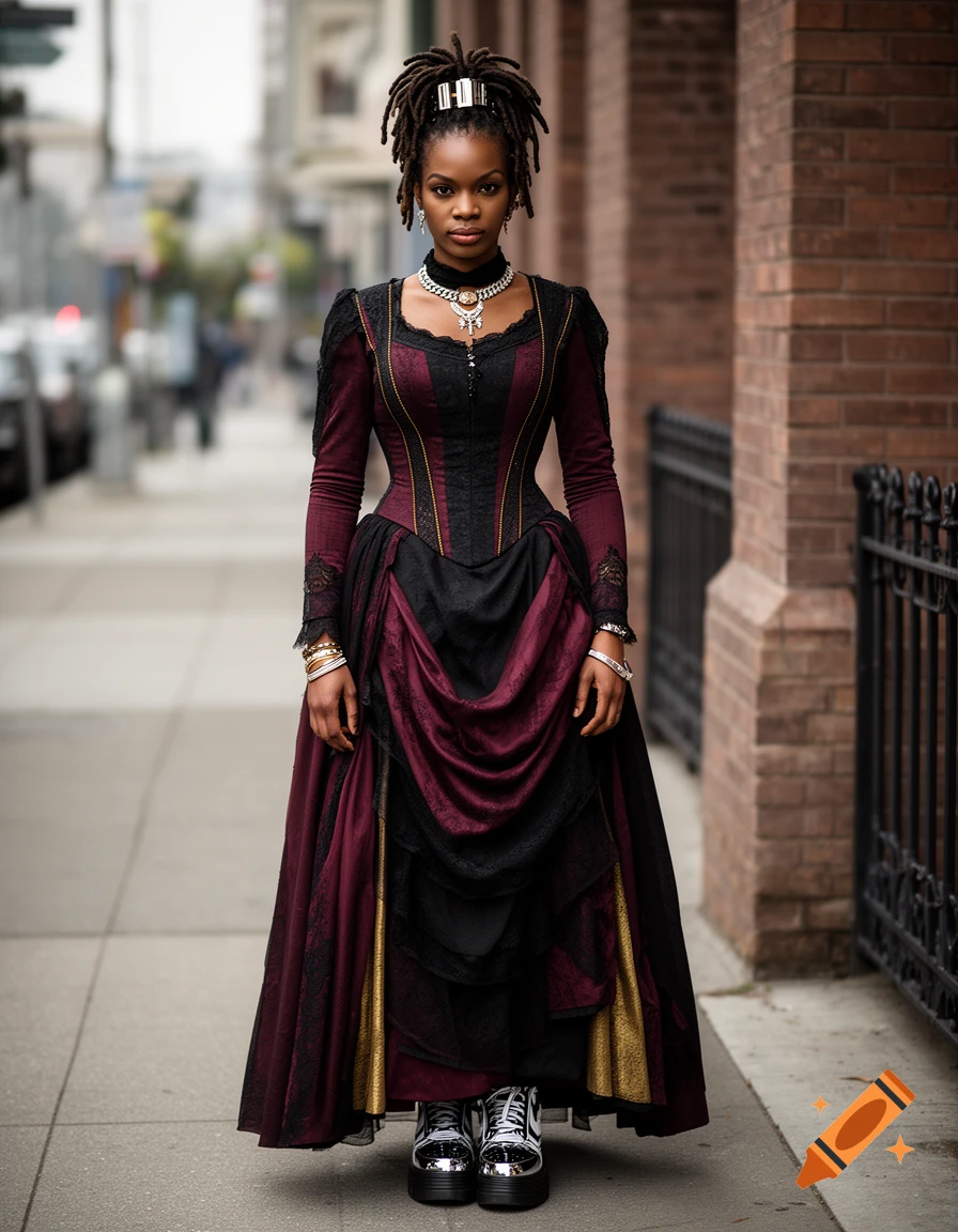 Photorealistic full-length portrait of a Black woman with dreadlocks wearing an 1890s formal dress and sneakers on a city sidewalk.