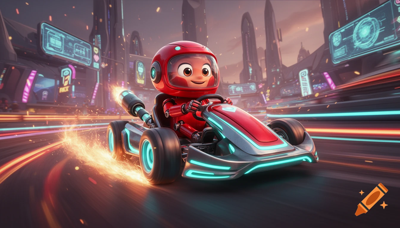 A stylized red robotic character driving a glowing futuristic racing kart on a track, Disney Pixar style animation.