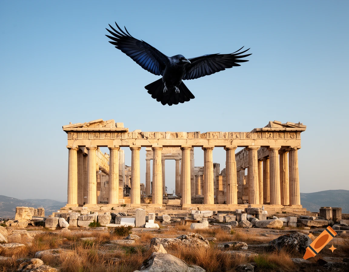 A large black raven flies in front of a sunny sky above an ancient Greek temple ruin.