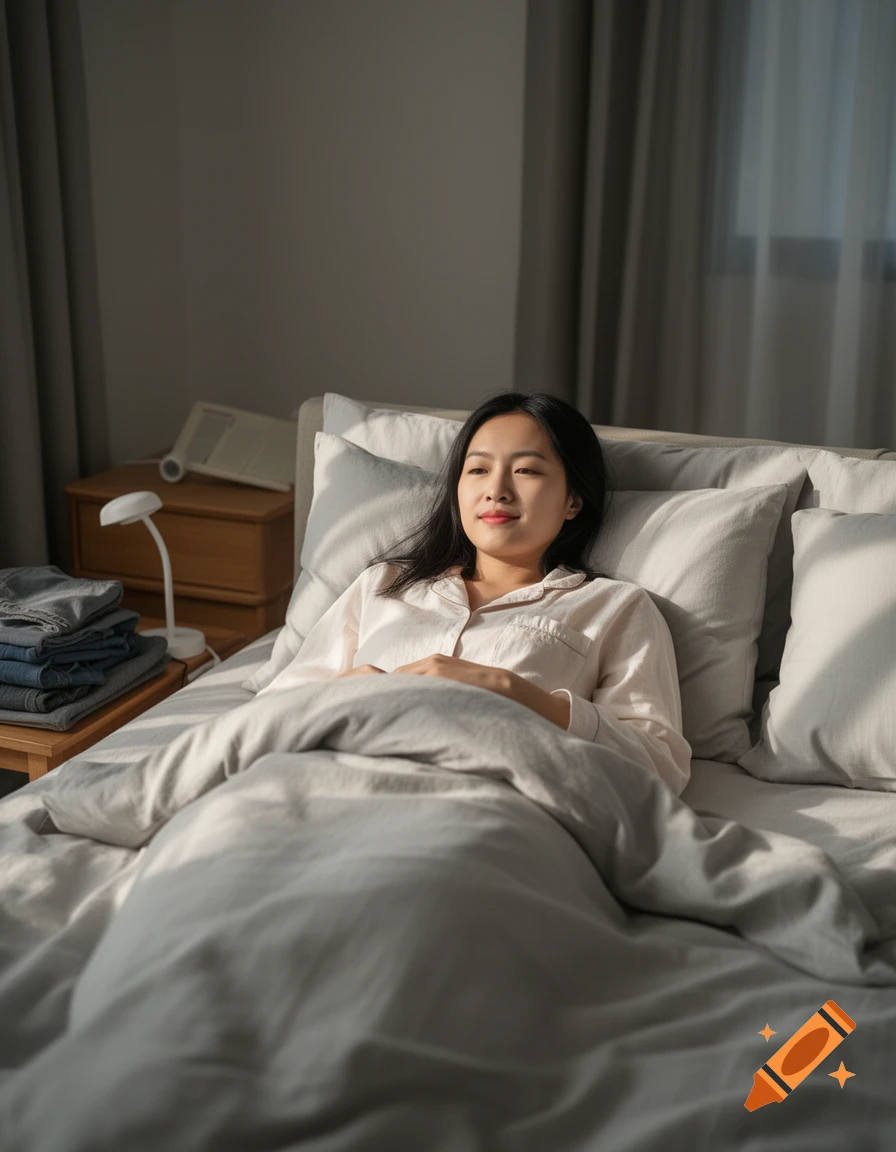 Young Asian woman relaxing in bed with pajamas under a grey blanket, photorealistic.