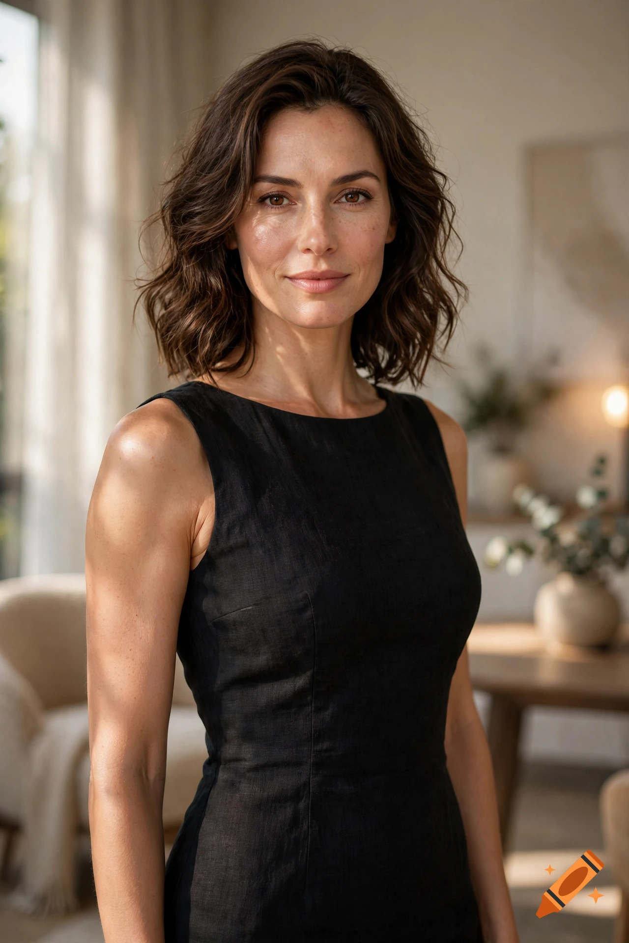 Photorealistic medium shot of a woman with dark wavy hair and a black sleeveless dress in a sunlit room.
