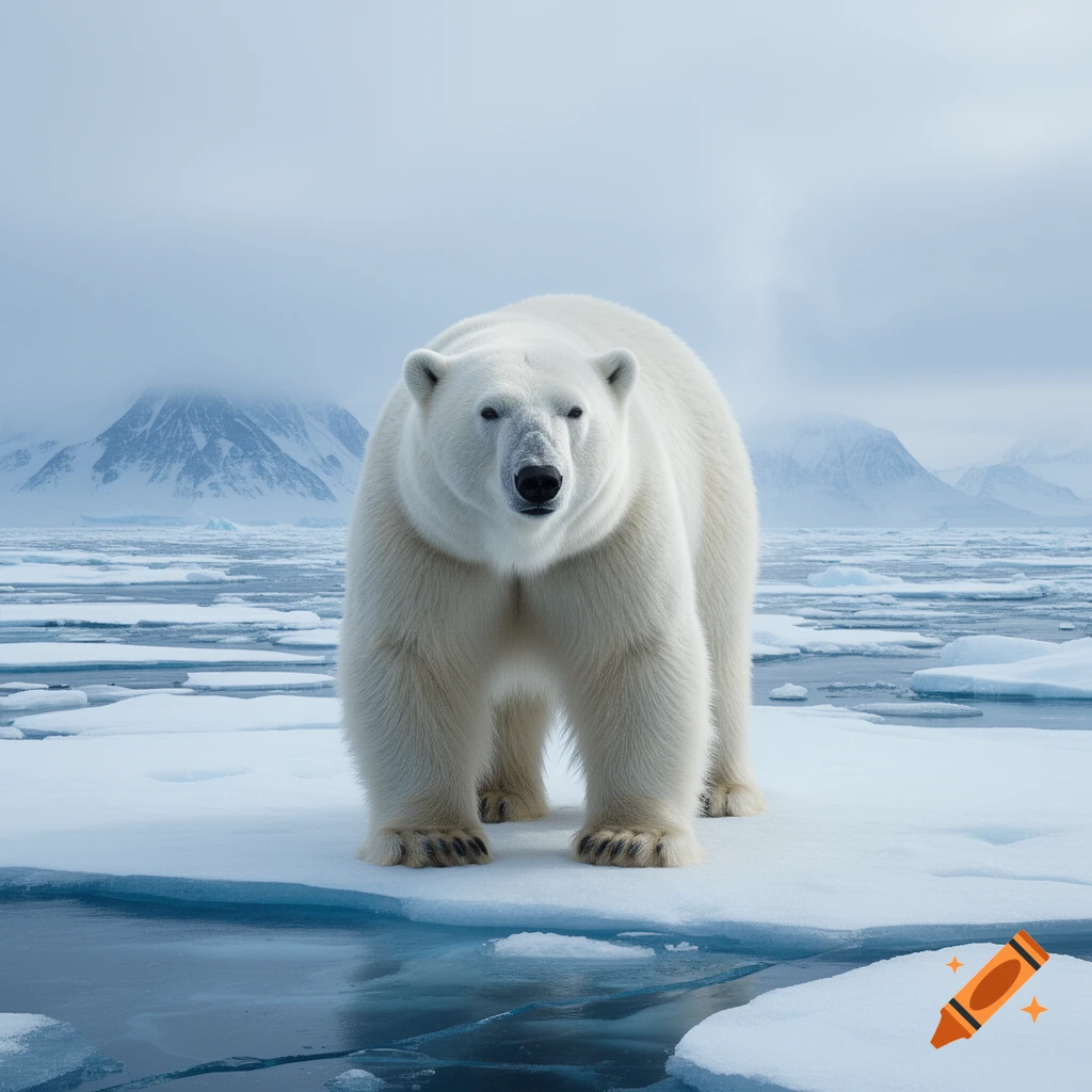 Photorealistic image of a polar bear standing on an ice floe in an arctic landscape with mountains in the background.