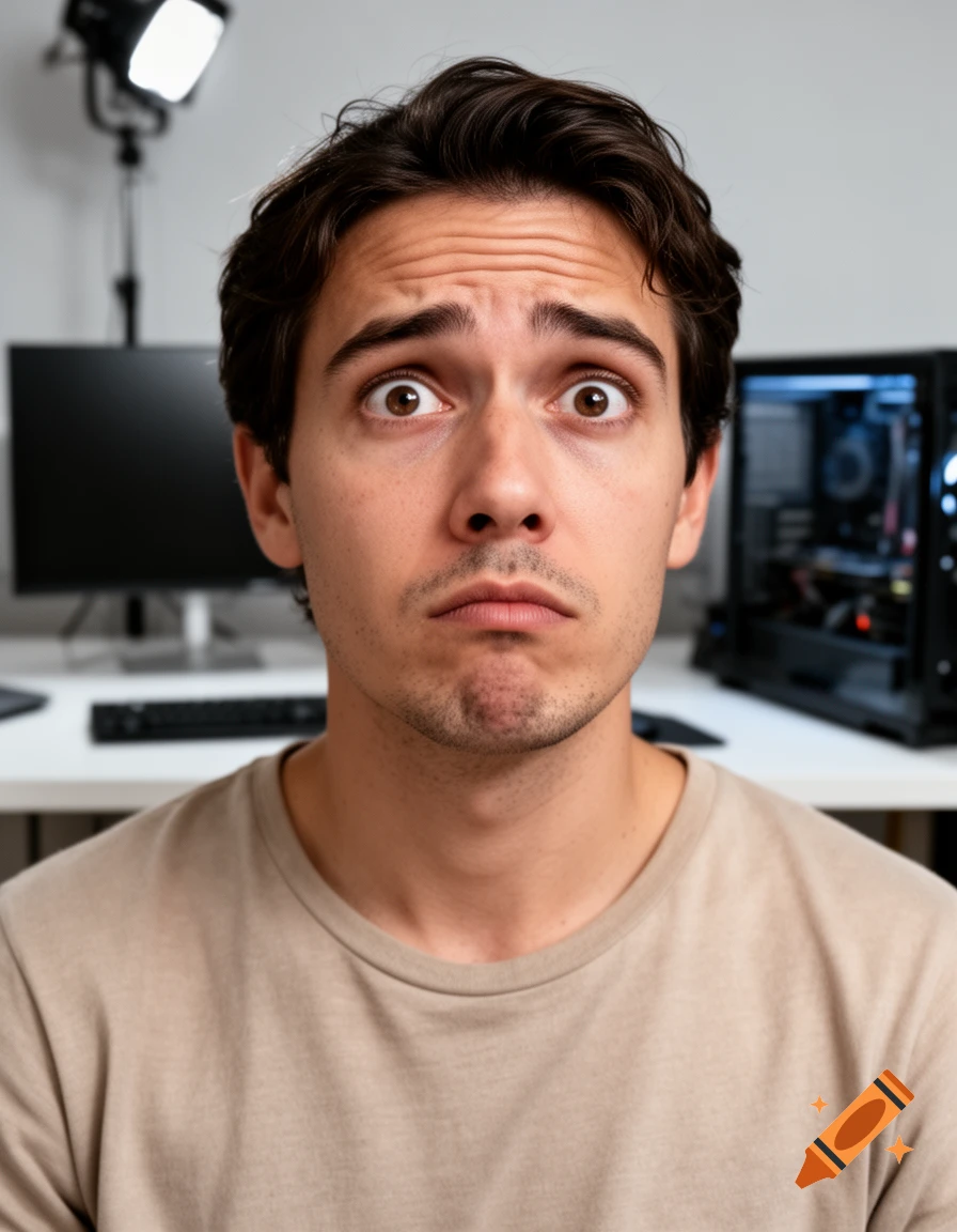 Photorealistic close-up portrait of a young man with dark hair looking anxiously at the camera in a room with computer equipment.