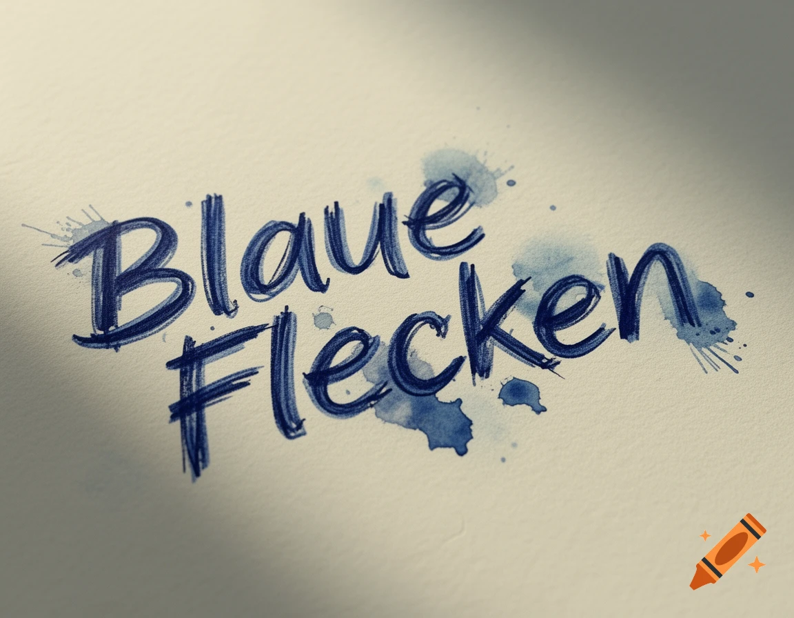 Blue ink handwritten script reading 'Blaue Flecken' with smudges and splatters on textured paper.