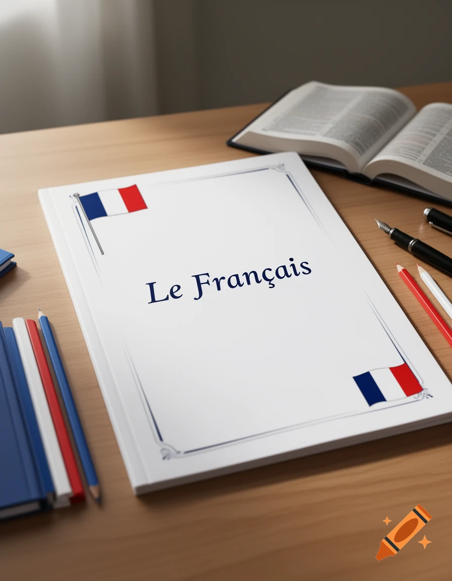A close-up photorealistic image of a French language notebook with the title Le Français and French flags on a wooden desk.