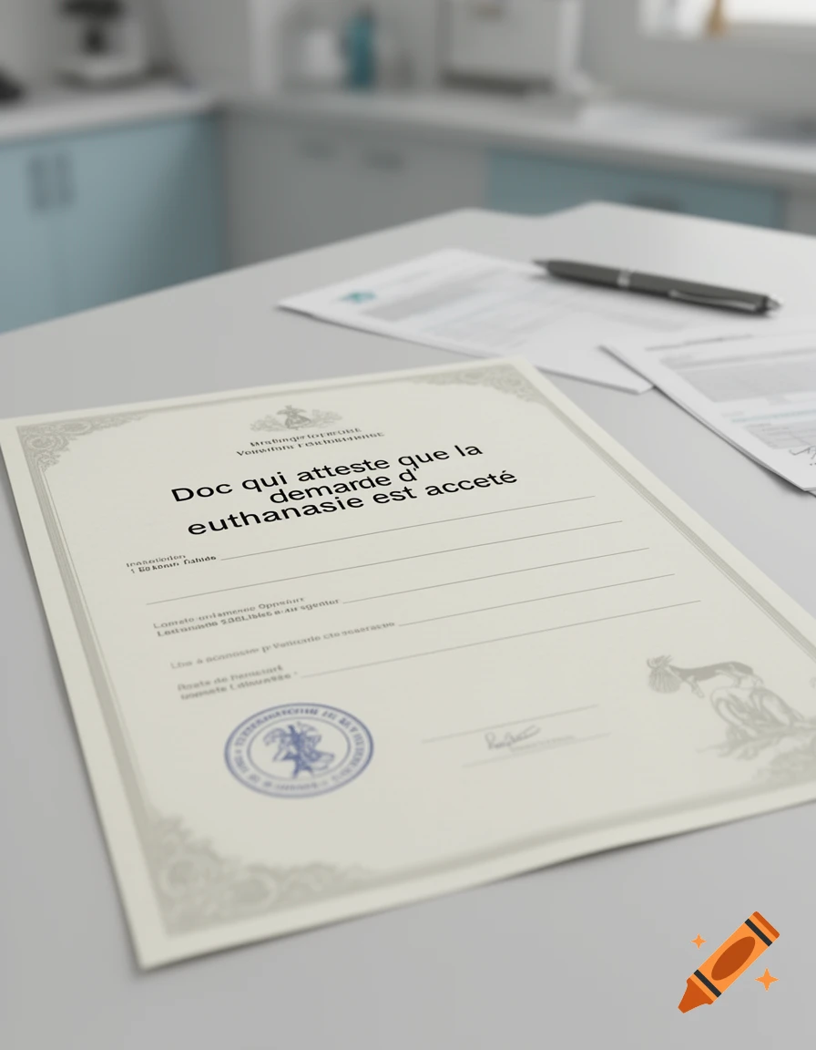 Photorealistic close-up of a certificate on a desk with French text regarding euthanasia, a pen and other documents in the background.