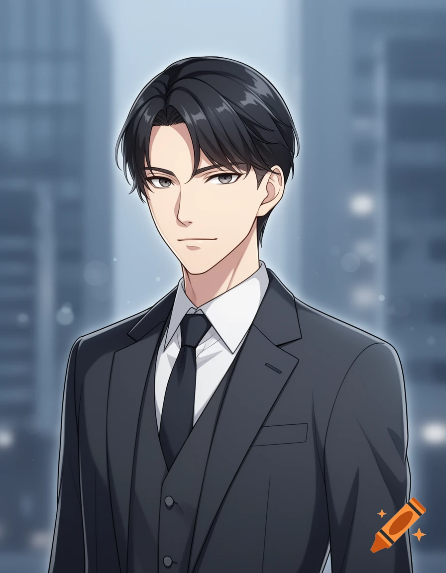 Anime style portrait of a man with black hair wearing a dark suit and tie in front of a blurred city background.