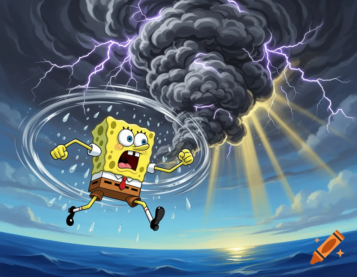 SpongeBob running in a whirlwind with a dark stormy cloud and lightning overhead, digital cartoon style.