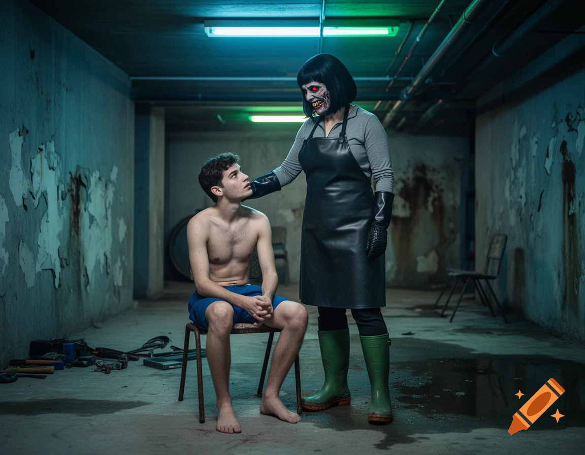 Photorealistic scene of a woman in zombie makeup with black rubber apron touching the face of a shirtless man sitting on a chair in a dank basement.