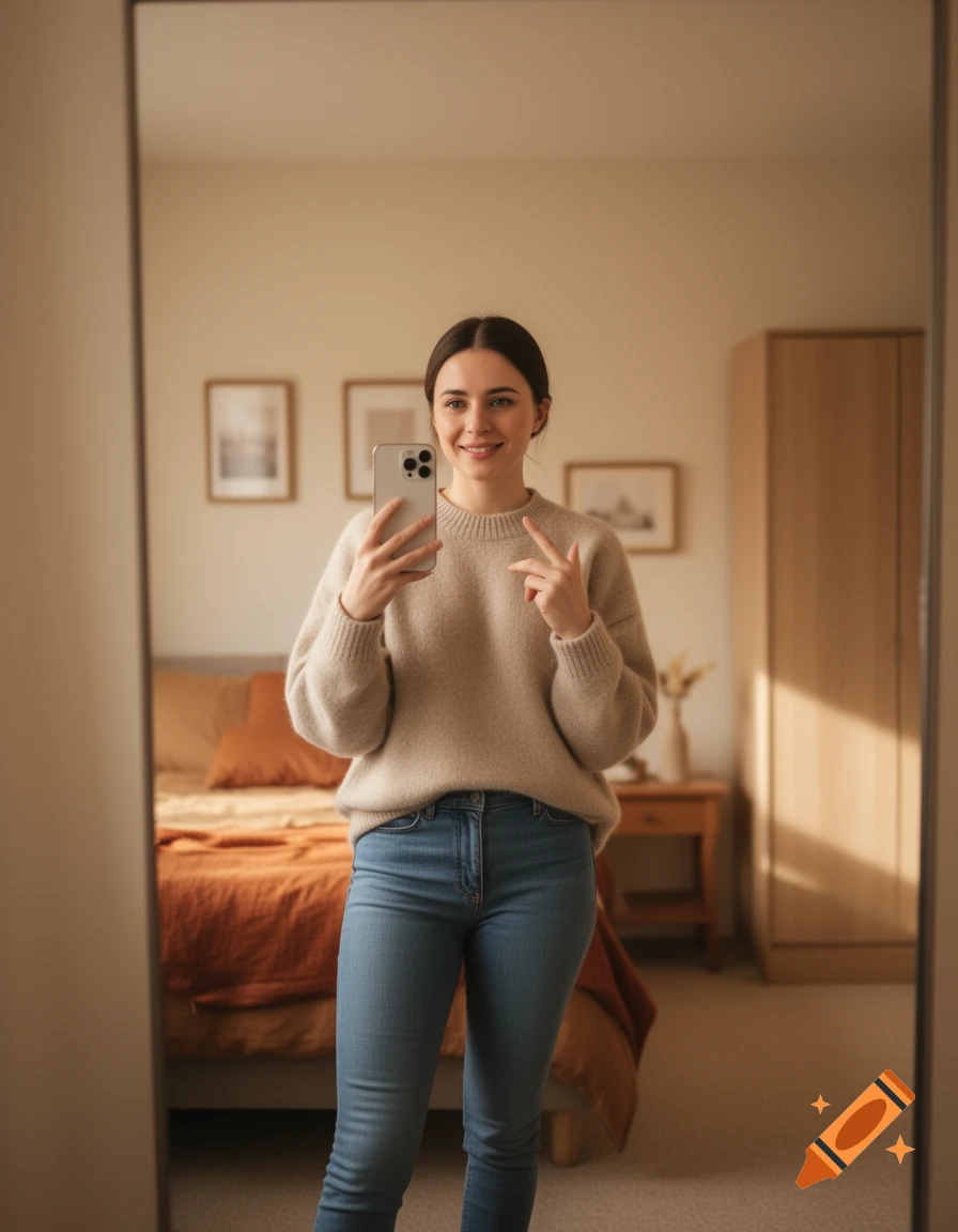 Photorealistic mirror selfie of a young woman in a beige sweater and jeans inside a bedroom.