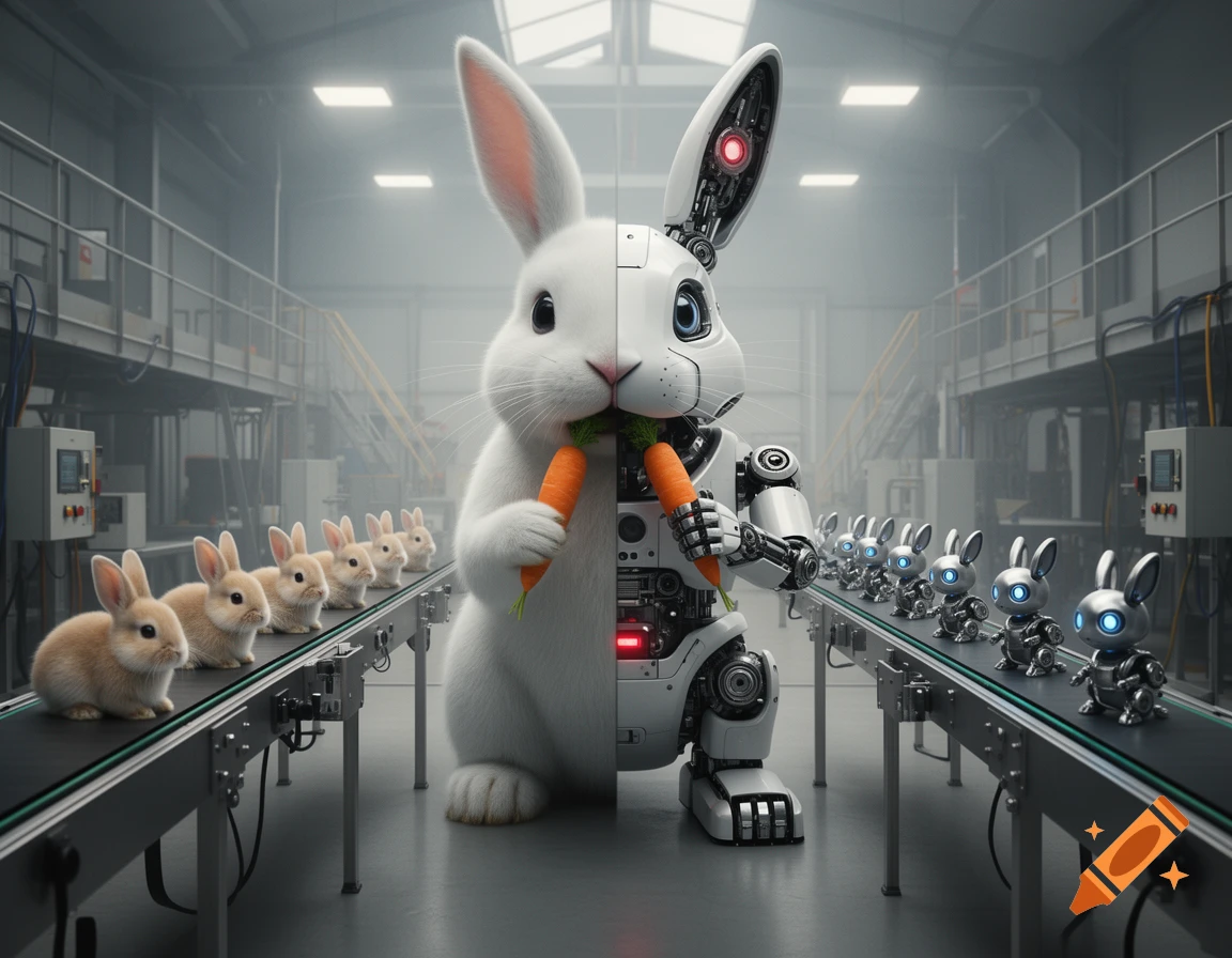 A large anthropomorphic rabbit, split down the middle as half-biological and half-robot, holding carrots while standing in a factory with conveyor belts of baby rabbits and robot bunnies.