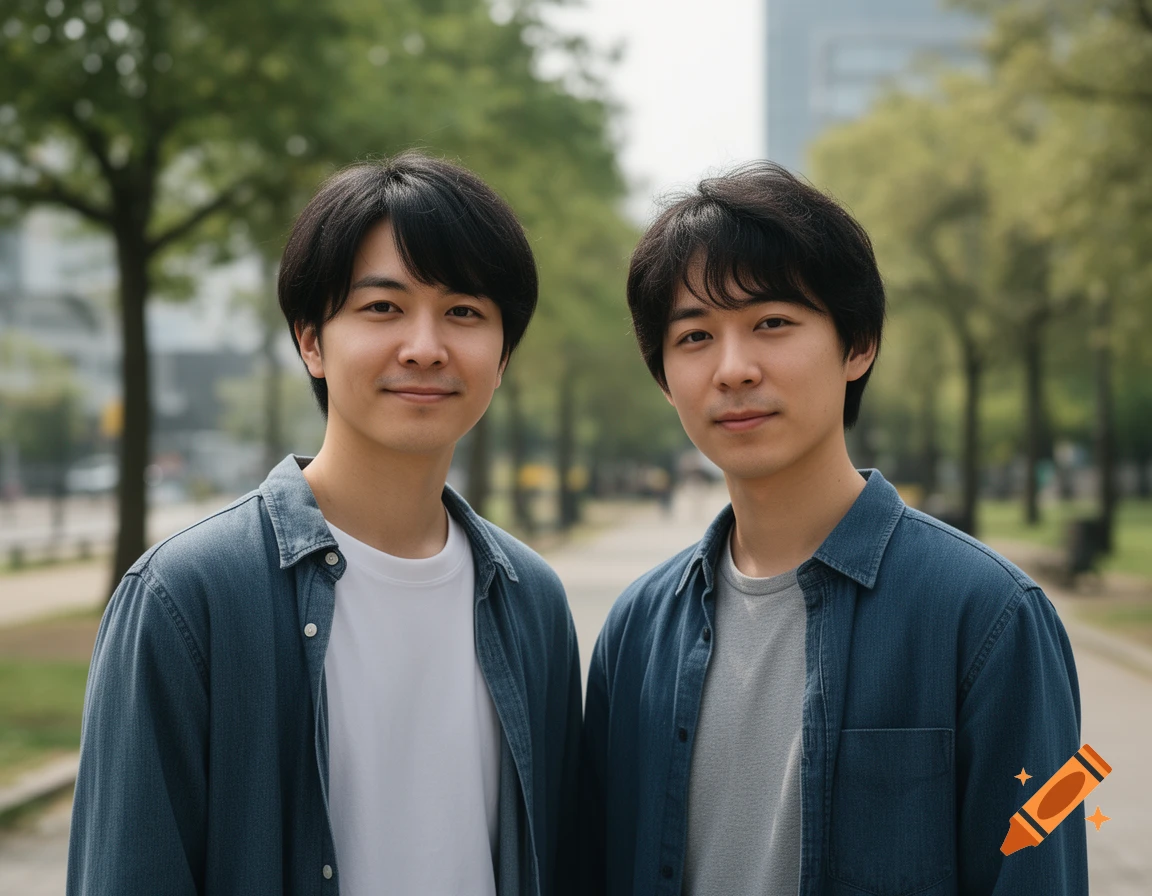 Photorealistic portrait of two young Asian men standing side by side in a park wearing denim shirts.