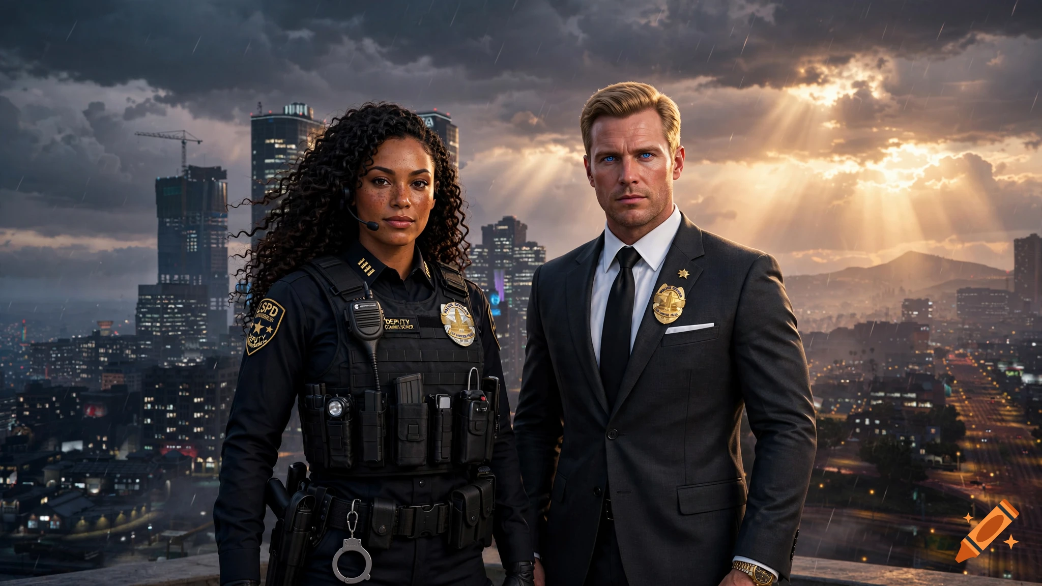 Cinematic photorealistic portrait of an LSPD female deputy commissioner and male commissioner on a rooftop overlooking Los Santos.
